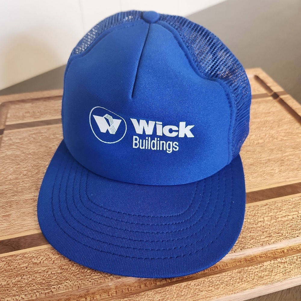 Vintage Wick Buildings Trucker‎ Hat Cap Blue Mesh Snapback Made USA Retro Logo